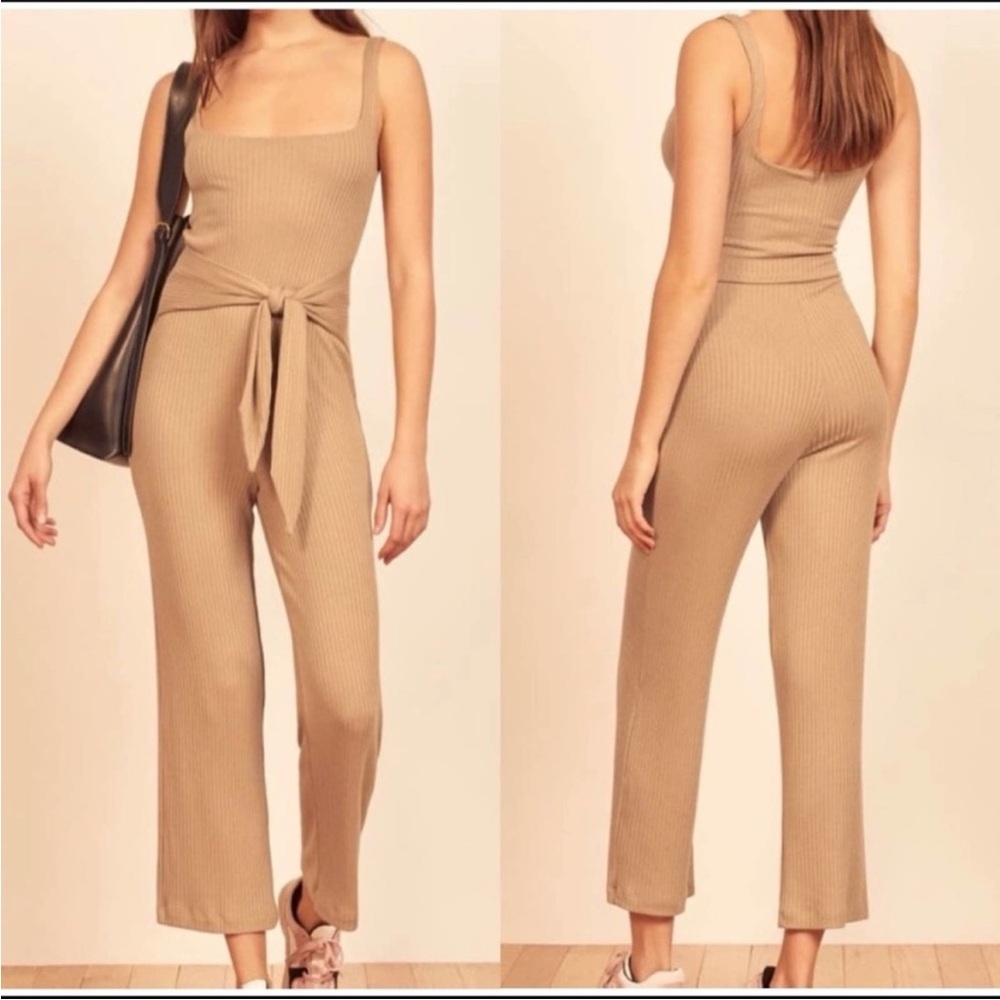 NWT Reformation Kazu Ribbed Knit Jumpsuit Romper One Piece Camel Tan Buff M